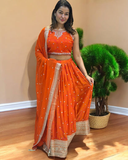 Orange Ila Chinon silk Handcrafted Lehanga
