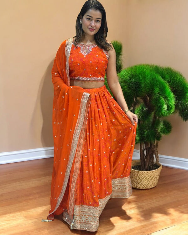 Orange Ila Chinon silk Handcrafted Lehanga
