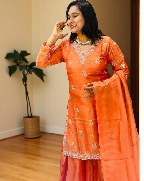 Orange Saral Tissue Silk Sharara set