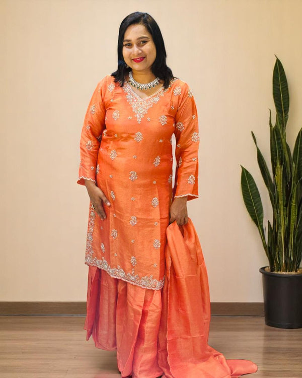 Orange Saral Tissue Silk Sharara set