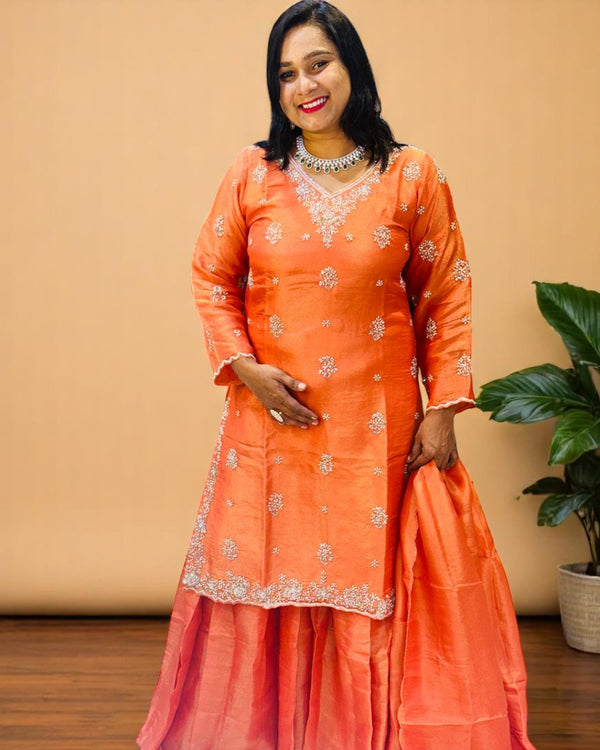 Orange Saral Tissue Silk Sharara set