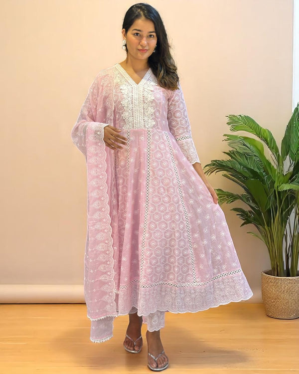 Pink Veda Schiffli Mul cotton Anarkali suit set