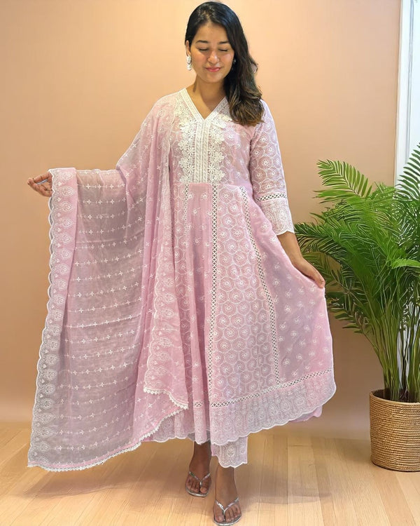 Pink Veda Schiffli Mul cotton Anarkali suit set