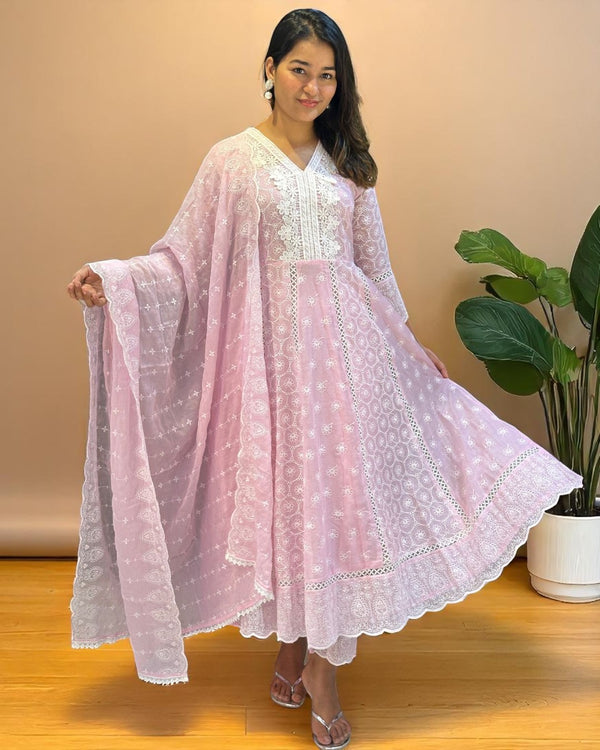 Pink Veda Schiffli Mul cotton Anarkali suit set