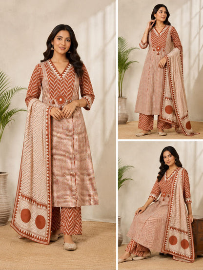 Rust A-Line Suit Set With Dupatta - set of 3
