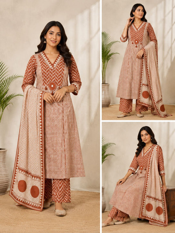 Rust A-Line Suit Set With Dupatta - set of 3