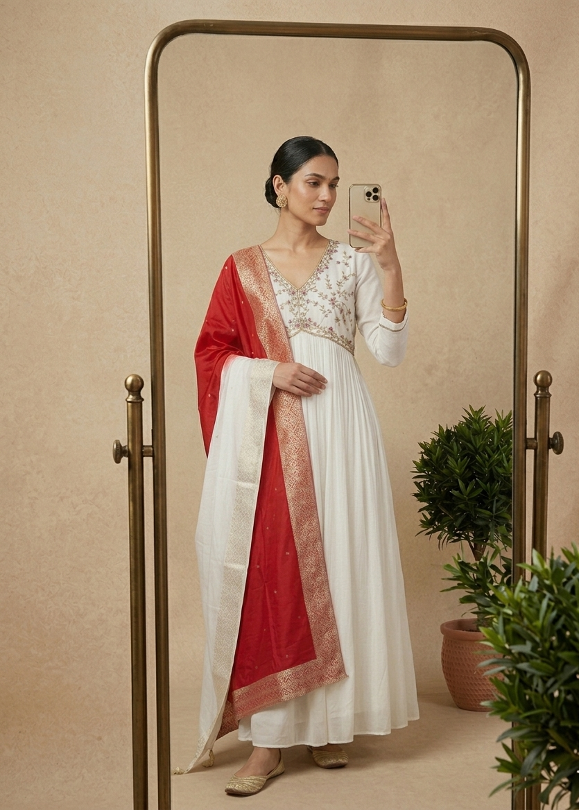 White Aliya chinon silk Handcrafted Empire cut Anarkali gown