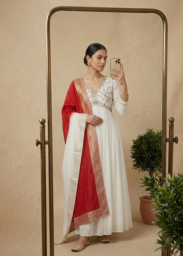 White Aliya chinon silk Handcrafted Empire cut Anarkali gown