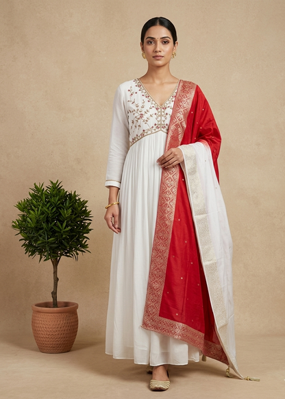 White Aliya chinon silk Handcrafted Empire cut Anarkali gown