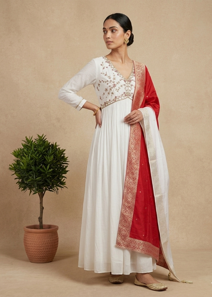 White Aliya chinon silk Handcrafted Empire cut Anarkali gown