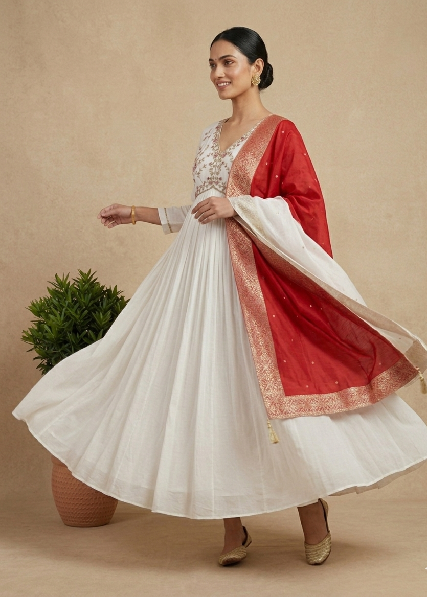 White Aliya chinon silk Handcrafted Empire cut Anarkali gown