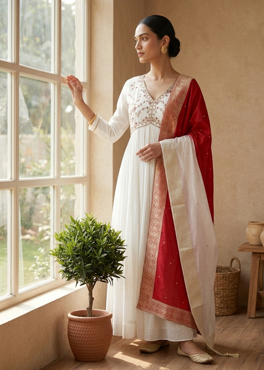 White Aliya chinon silk Handcrafted Empire cut Anarkali gown