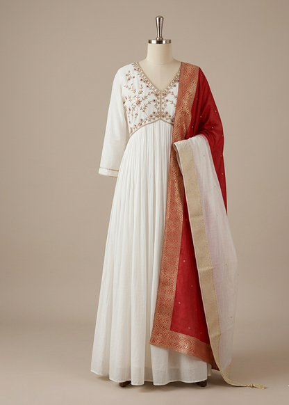 White Aliya chinon silk Handcrafted Empire cut Anarkali gown