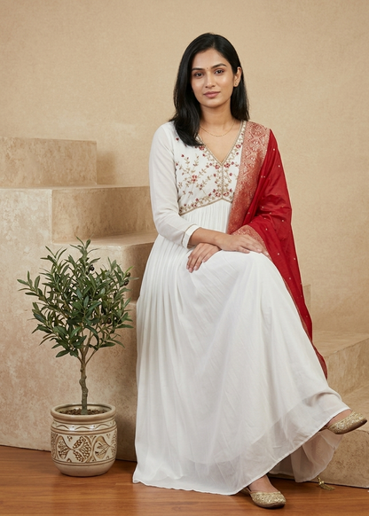 White Aliya chinon silk Handcrafted Empire cut Anarkali gown