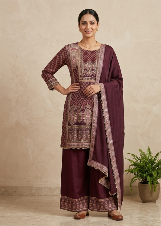Wine Miral Crepe Short Anarkali -Set of 3