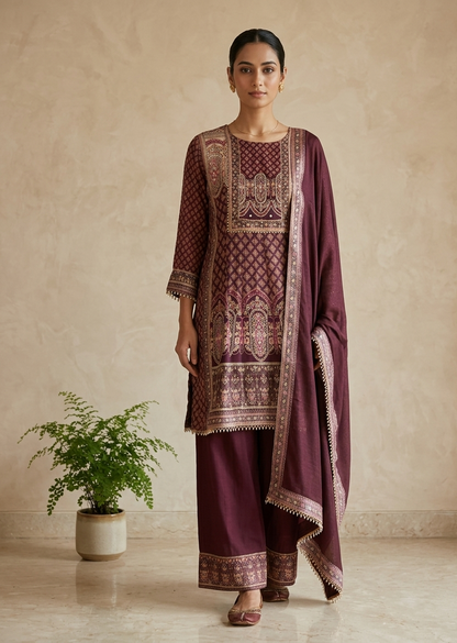 Wine Miral Crepe Short Anarkali -Set of 3