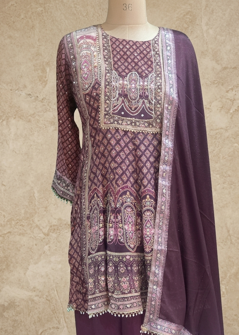 Wine Miral Crepe Short Anarkali -Set of 3