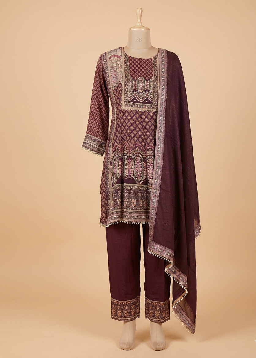 Wine Miral Crepe Short Anarkali -Set of 3