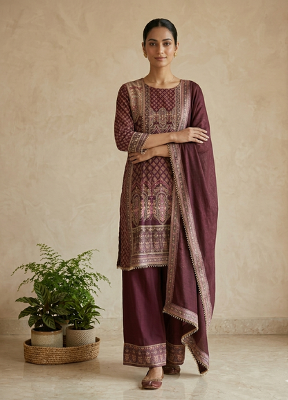Wine Miral Crepe Short Anarkali -Set of 3