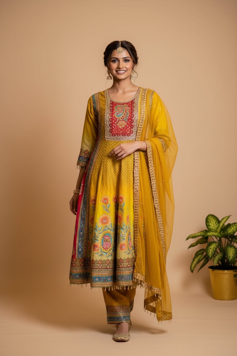 Yellow Ombre Dola silk Anarkali Suit - set of 3