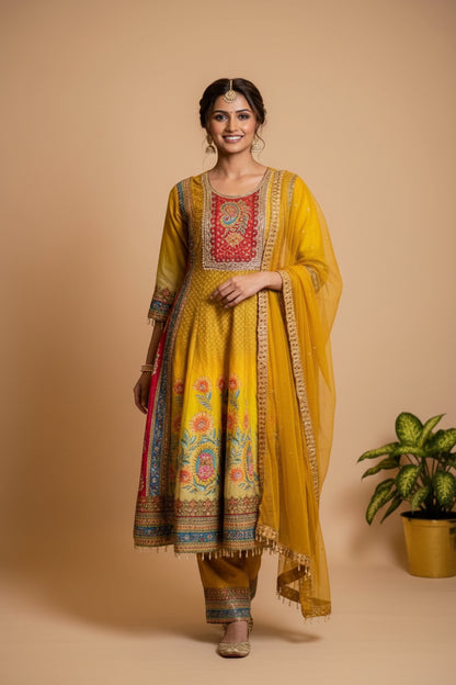Yellow Ombre Dola silk Anarkali Suit - set of 3