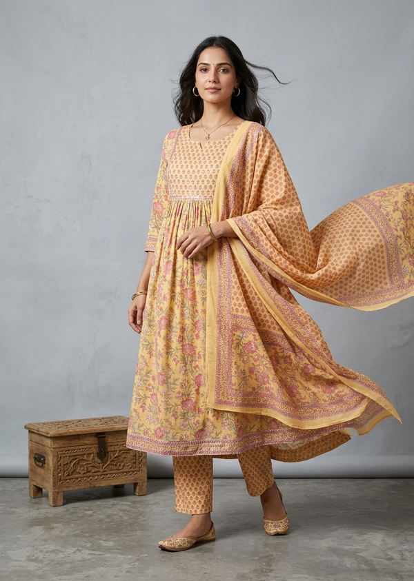 Yellow Jasmine Cotton floral print Nyra Suit set