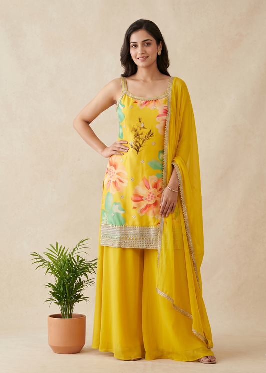 Yellow Aarohi sharara set - set of 3