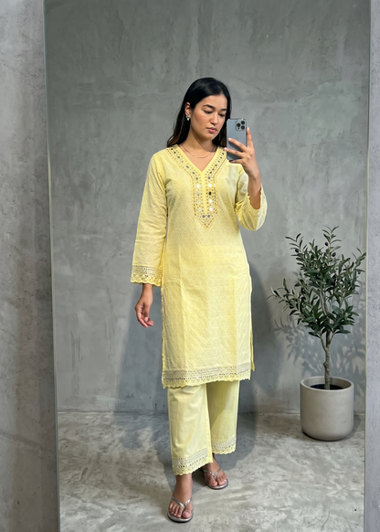 Yellow Dolly Schiffli Mirror Kurta set