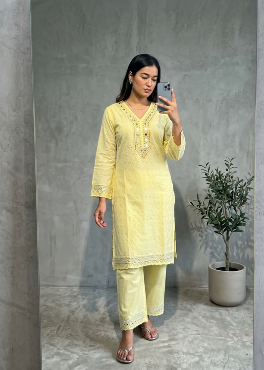 Yellow Dolly Schiffli Mirror Kurta set