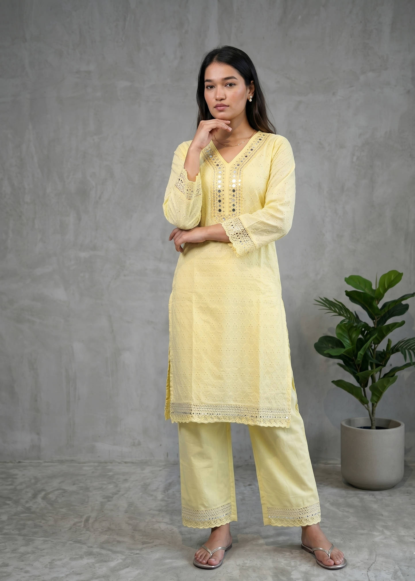 Yellow Dolly Schiffli Mirror Kurta set