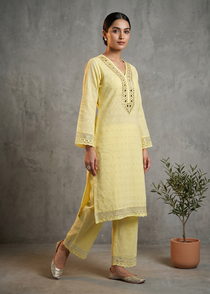 Yellow Dolly Schiffli Mirror Kurta set