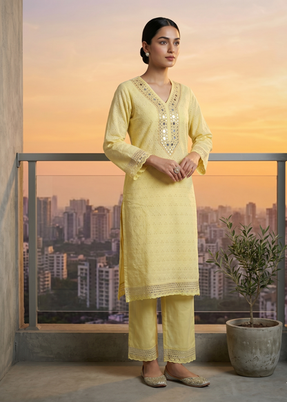 Yellow Dolly Schiffli Mirror Kurta set