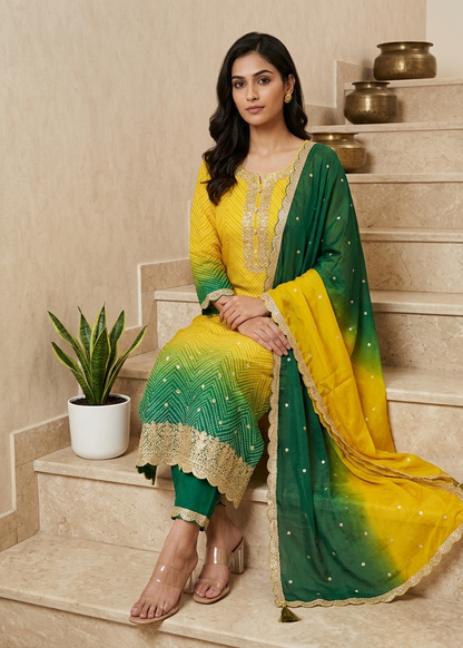 Yellow Green Ombre Kalyani Russian Silk suit set
