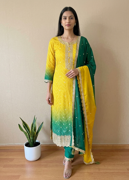 Yellow Green Ombre Kalyani Russian Silk suit set