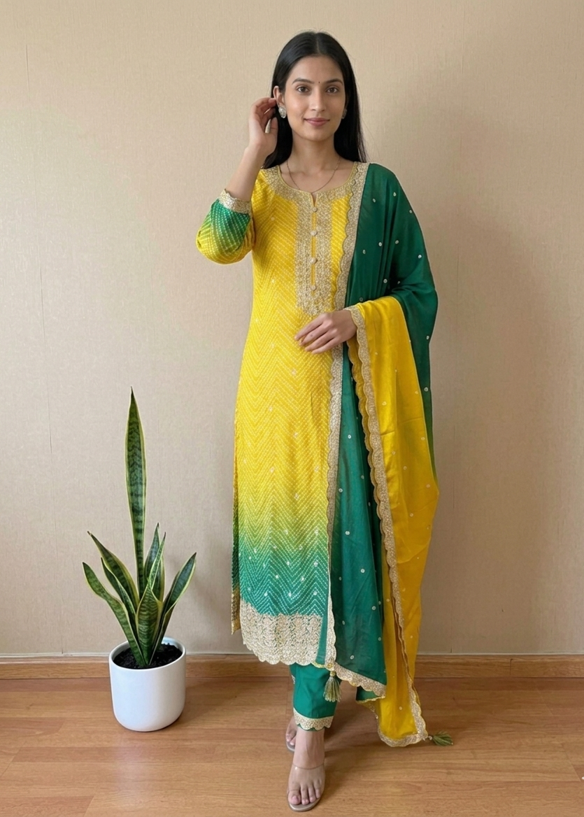 Yellow Green Ombre Kalyani Russian Silk suit set