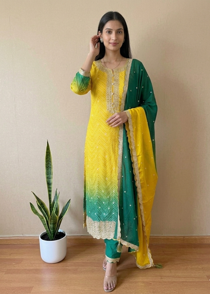 Yellow Green Ombre Kalyani Russian Silk suit set