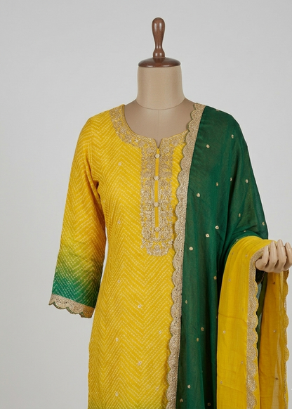Yellow Green Ombre Kalyani Russian Silk suit set
