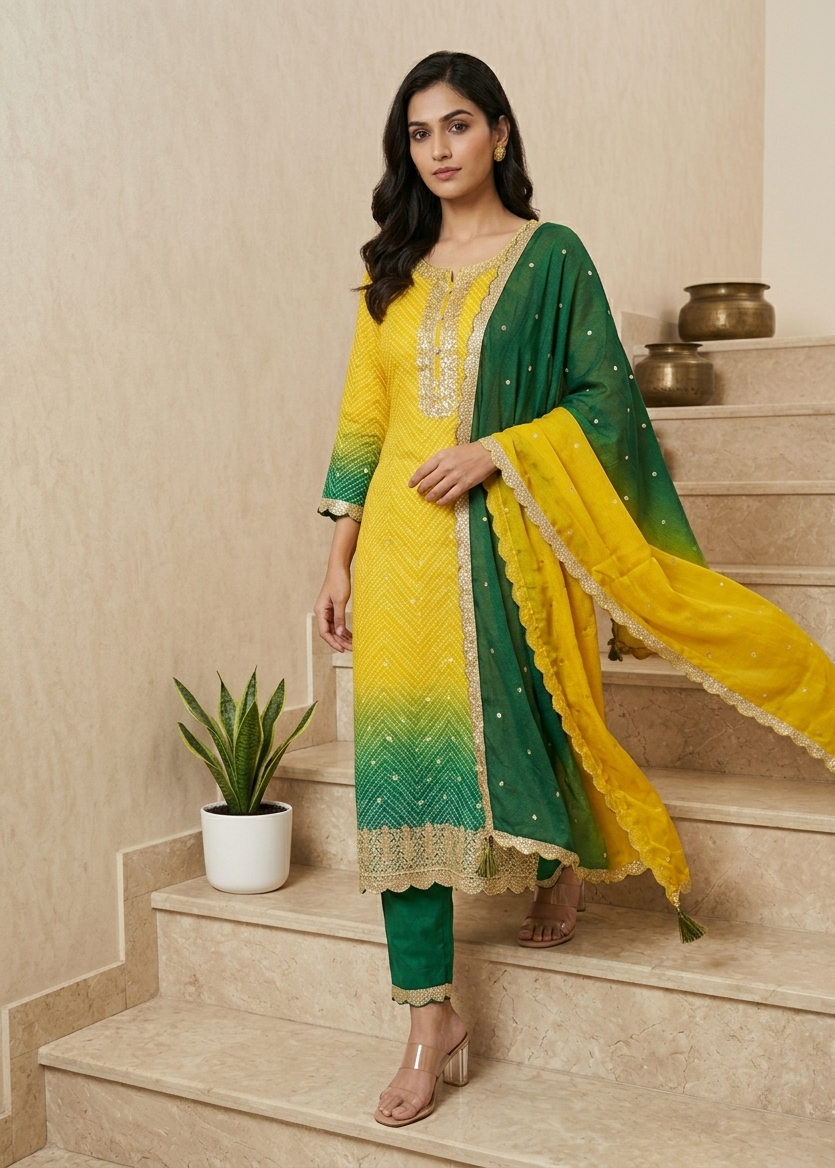 Yellow Green Ombre Kalyani Russian Silk suit set