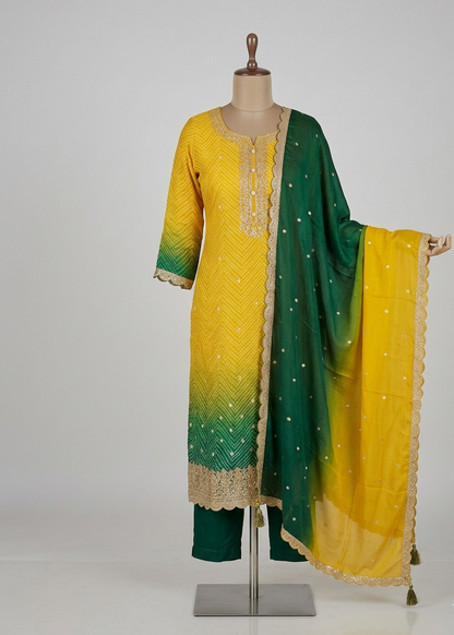 Yellow Green Ombre Kalyani Russian Silk suit set