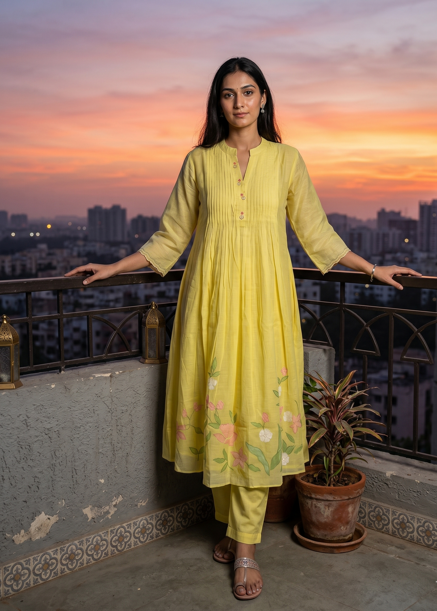 Yellow Lavisha Mul Chanderi A line Kurta set