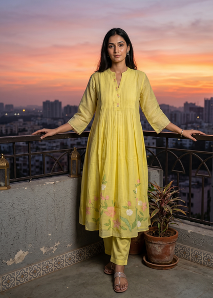 Yellow Lavisha Mul Chanderi A line Kurta set