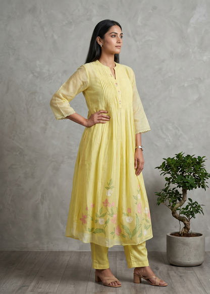 Yellow Lavisha Mul Chanderi A line Kurta set