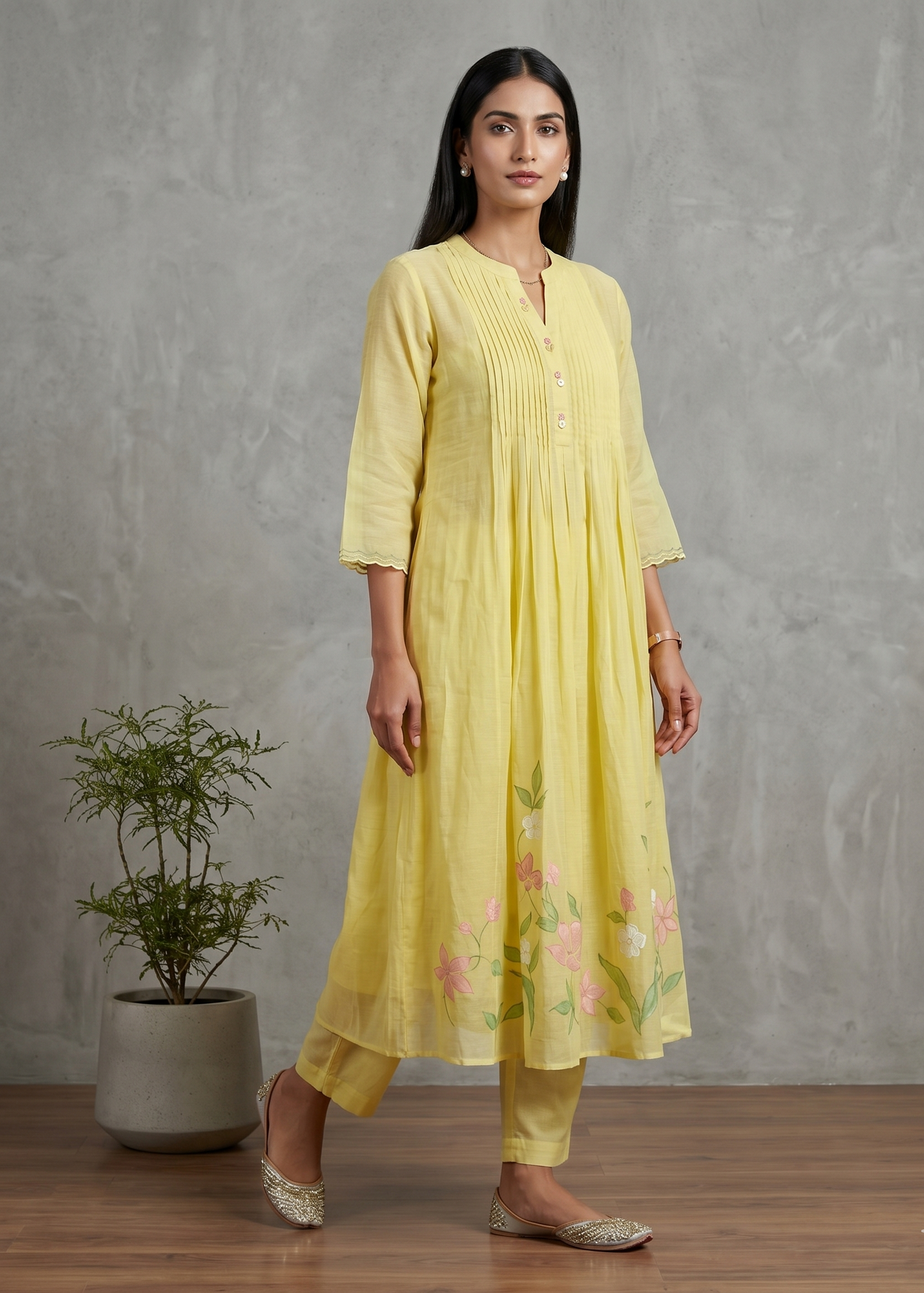 Yellow Lavisha Mul Chanderi A line Kurta set