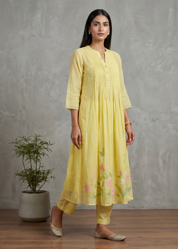 Yellow Lavisha Mul Chanderi A line Kurta set