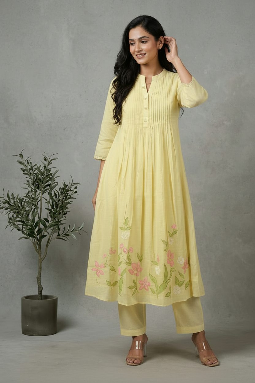 Yellow Lavisha Mul Chanderi A line Kurta set