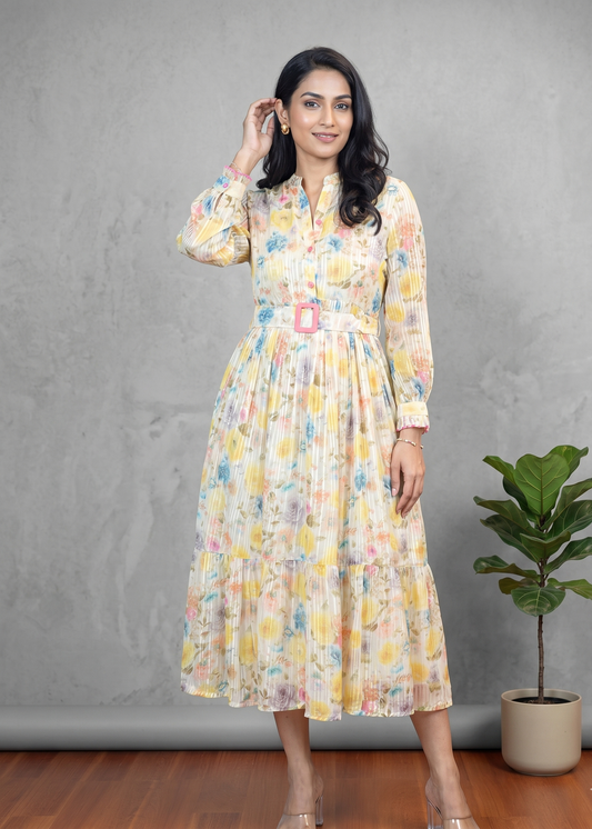 Yellow Lurex Georgette Gown