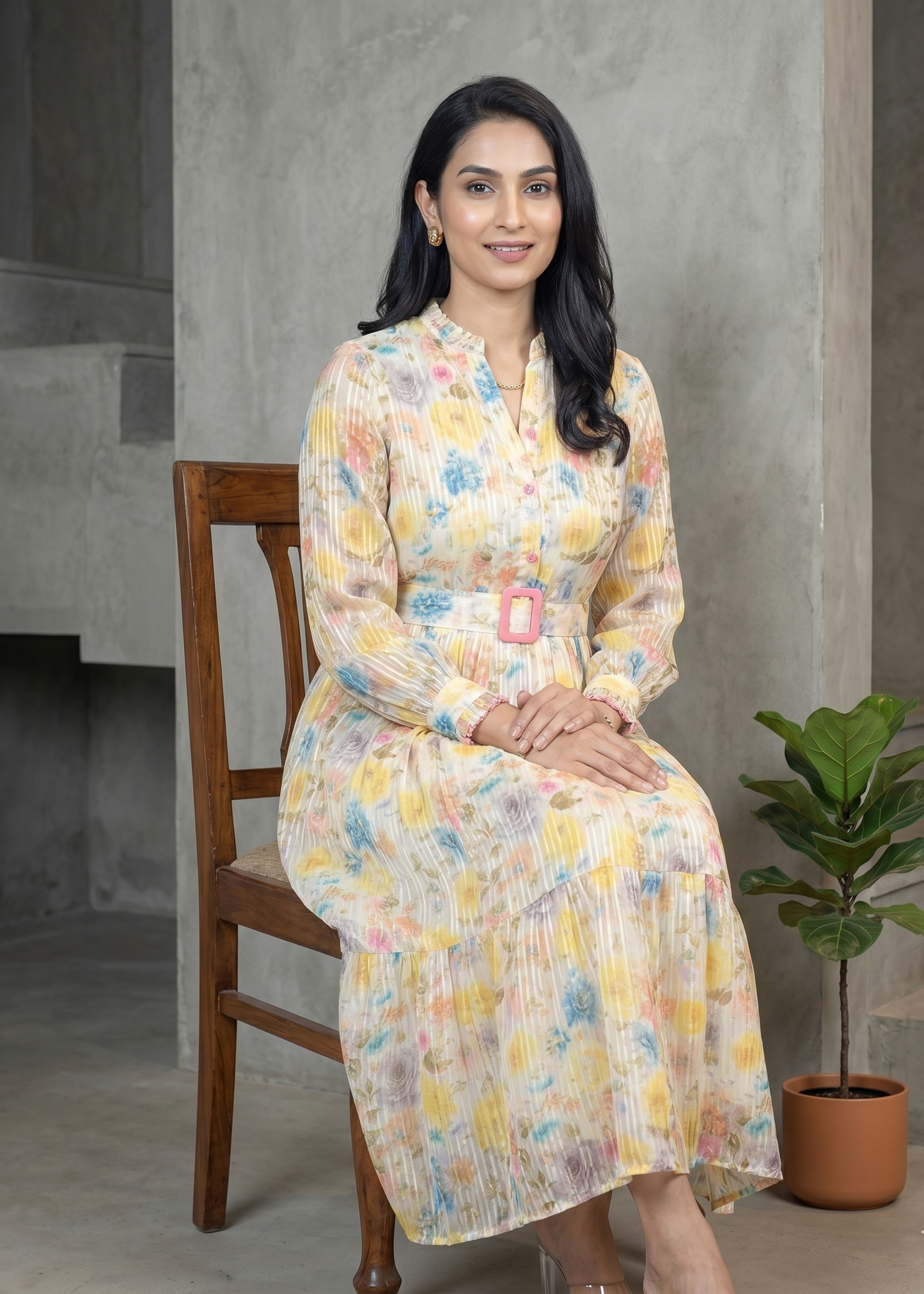Yellow Lurex Georgette Gown