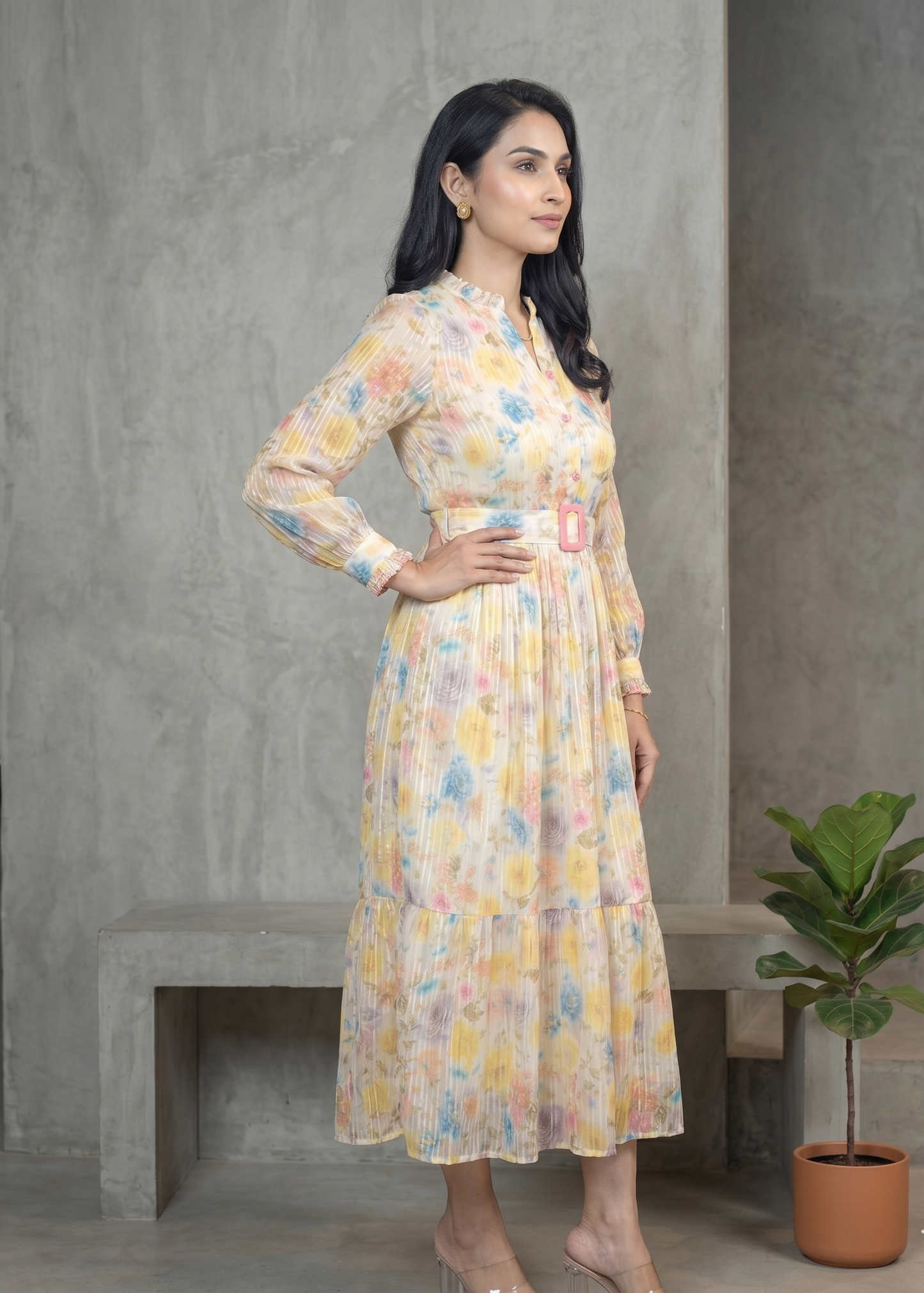 Yellow Lurex Georgette Gown