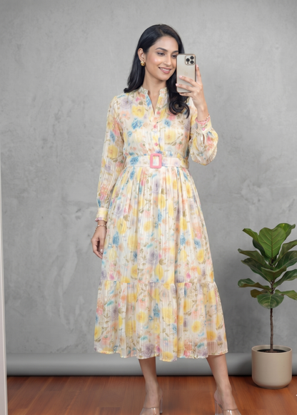 Yellow Lurex Georgette Gown
