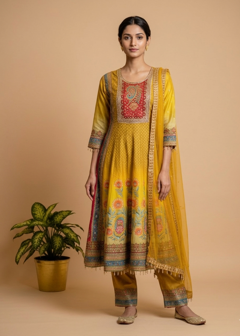 Yellow Ombre Dola silk Anarkali Suit - set of 3
